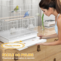 Gabbia per Uccelli Portatile con Maniglia Vassoio Estraibile 5 Porte Posatoi e Altalena Bianco