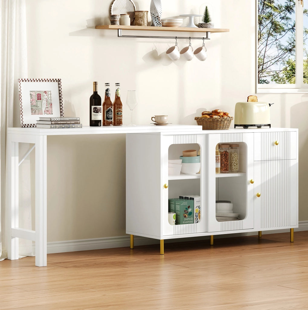 Credenza 116x40x78.5 cm con piano estensibile; ante scorrevoli in vetro; MDF bianco