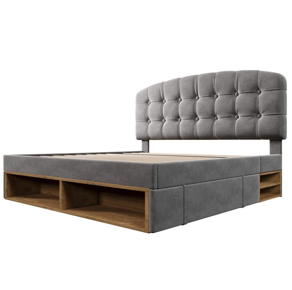 Letto imbottito 140x200 cm con testiera regolabile; cassetti e vani; velluto grigio