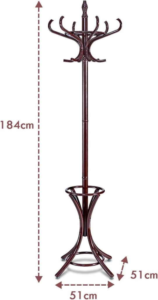 Attaccapanni da Terra Appendiabiti da Terra con 12 Ganci in Legno Ecologico, 51 x 51 x 184 cm