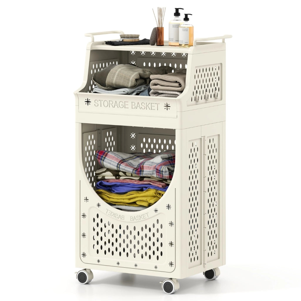 Carrello lavanderia 3 livelli contenitore pieghevole ruote bloccabili-Scaffale-Carrello lavanderia cesta 6 ganci appendiabiti Beige