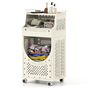 Carrello lavanderia 3 livelli contenitore pieghevole ruote bloccabili-Scaffale-Carrello lavanderia cesta 6 ganci appendiabiti Beige