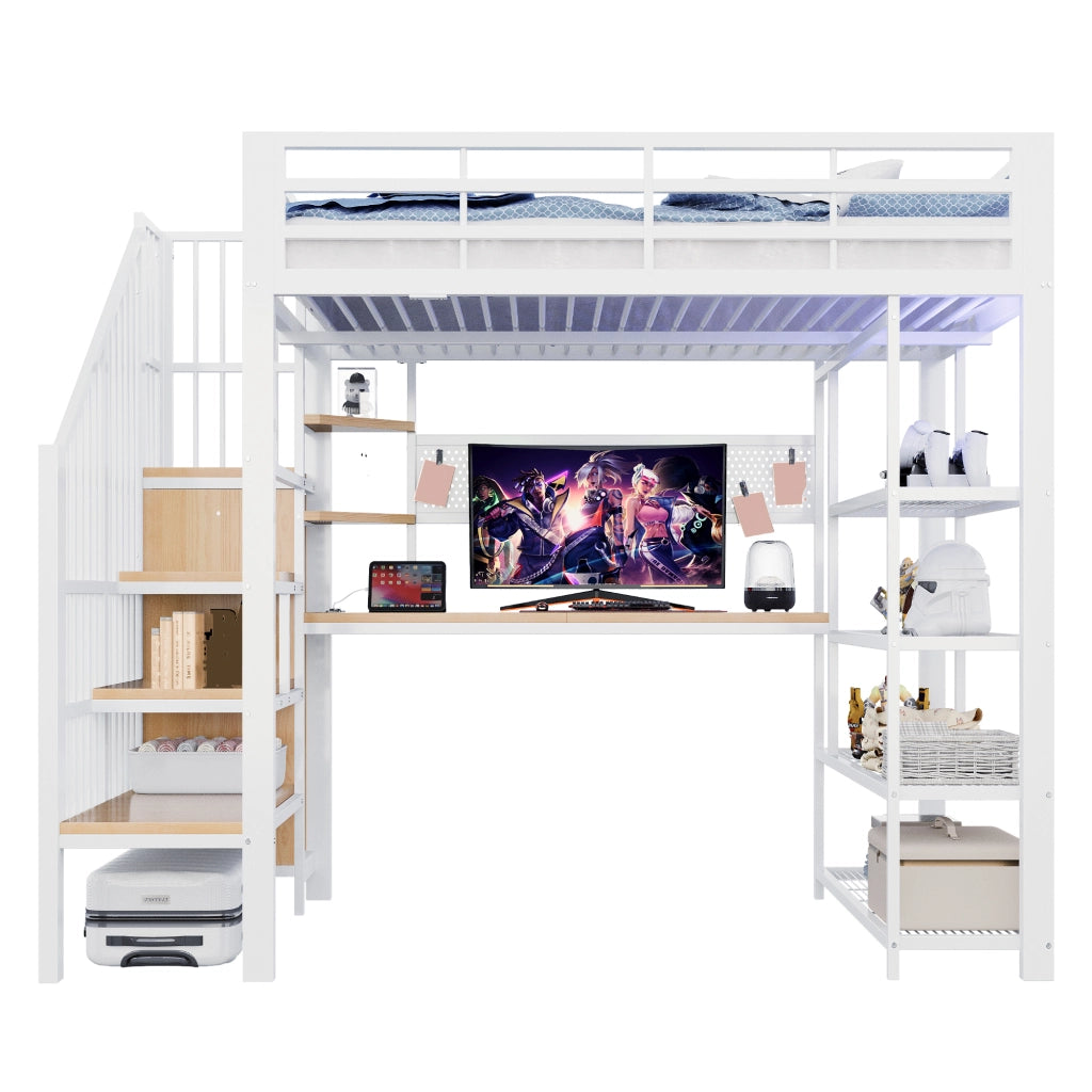 Letto a soppalco 140 × 200 cm con scala contenitore, LED, prese e scrivania, senza materasso, in metallo, bianco