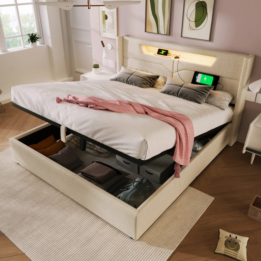 OKWISH Letto Contenitore 140×200 cm, Letto Matrimoniale con USB, Type C e LED Regolabile, senza Materasso, in Lino, Beige