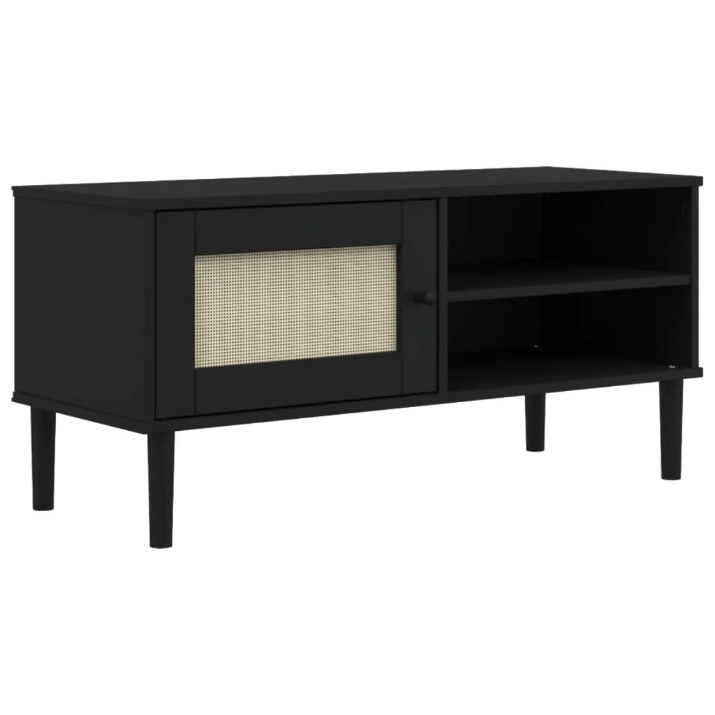 Mobile TV multimediale scaffale per televisione televisione buffet sala da pranzo soggiorno camera da letto SENJA effetto rattan 106 x 40 x 49 cm legno massiccio pino nero 02_0028314