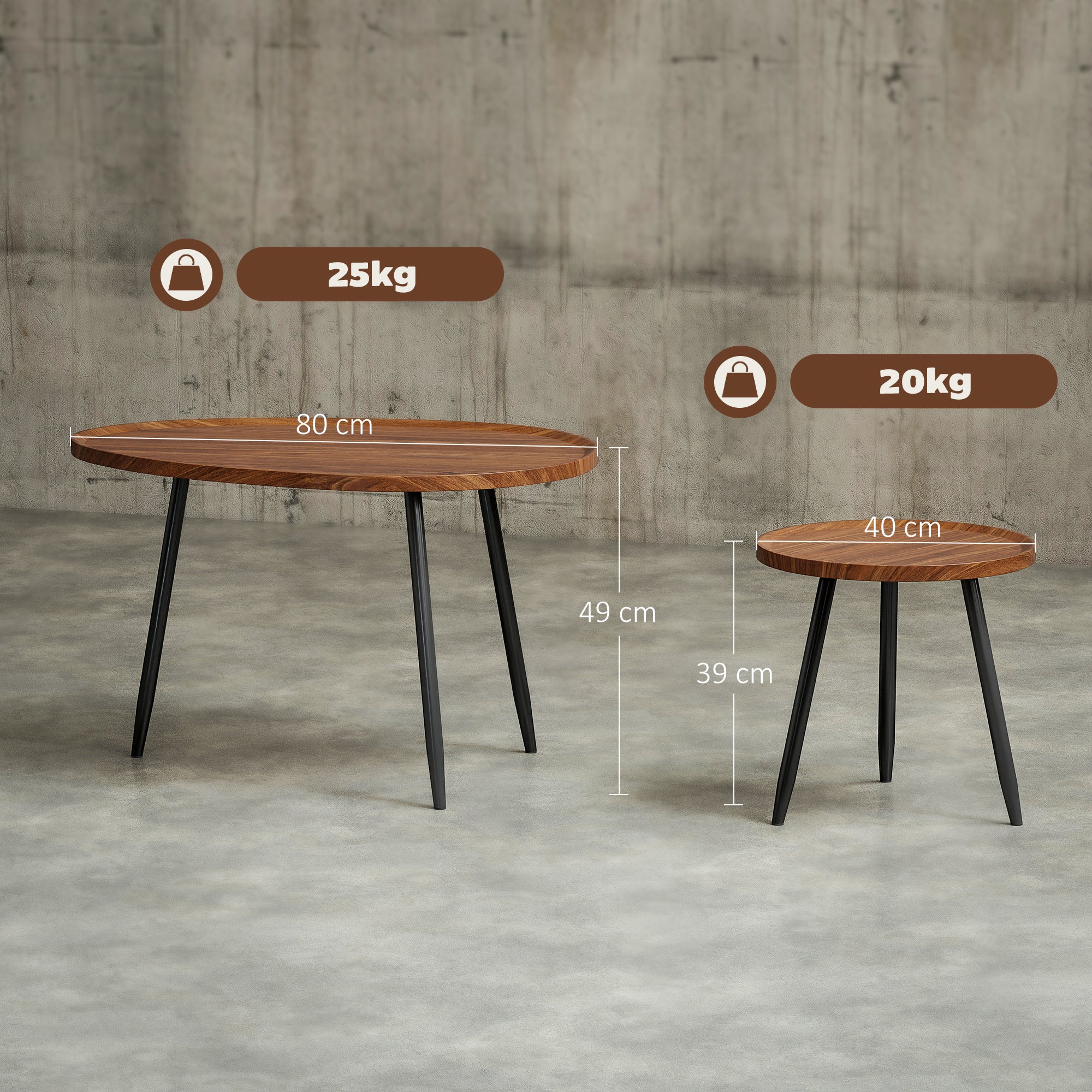 Set 2 Tavolini da Salotto Sovrapponibili in MDF e Gambe in Metallo Colore Legno Scuro