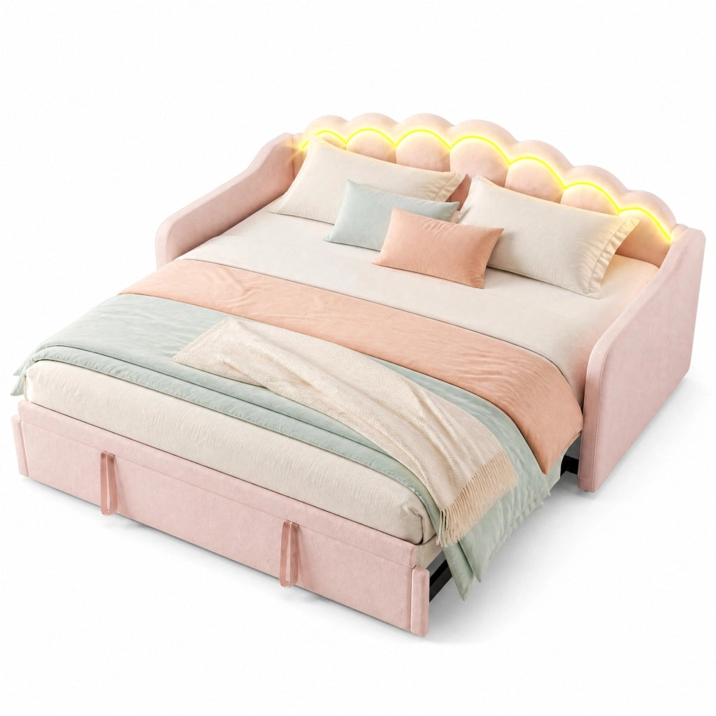 Letto 90x200 cm con letto estraibile; LED e testiera ondulata in velluto e MDF