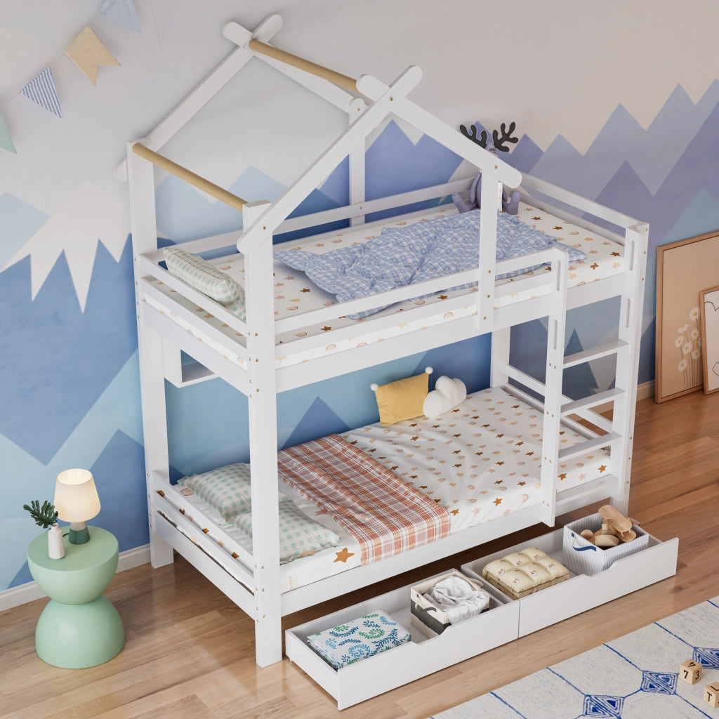 Letto a Castello 90x200 cm con Cassetti; Mensole e Scala a tre gradini; Bianco
