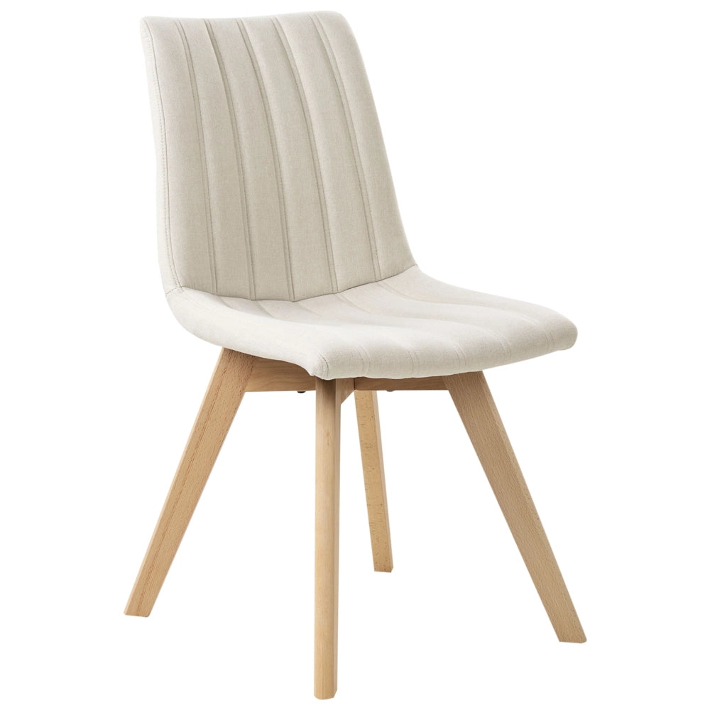 Set di 2 Sedie da Pranzo Tessuto bianco sporco e Gambe in Legno Imbottitura verticale Schienale curvo