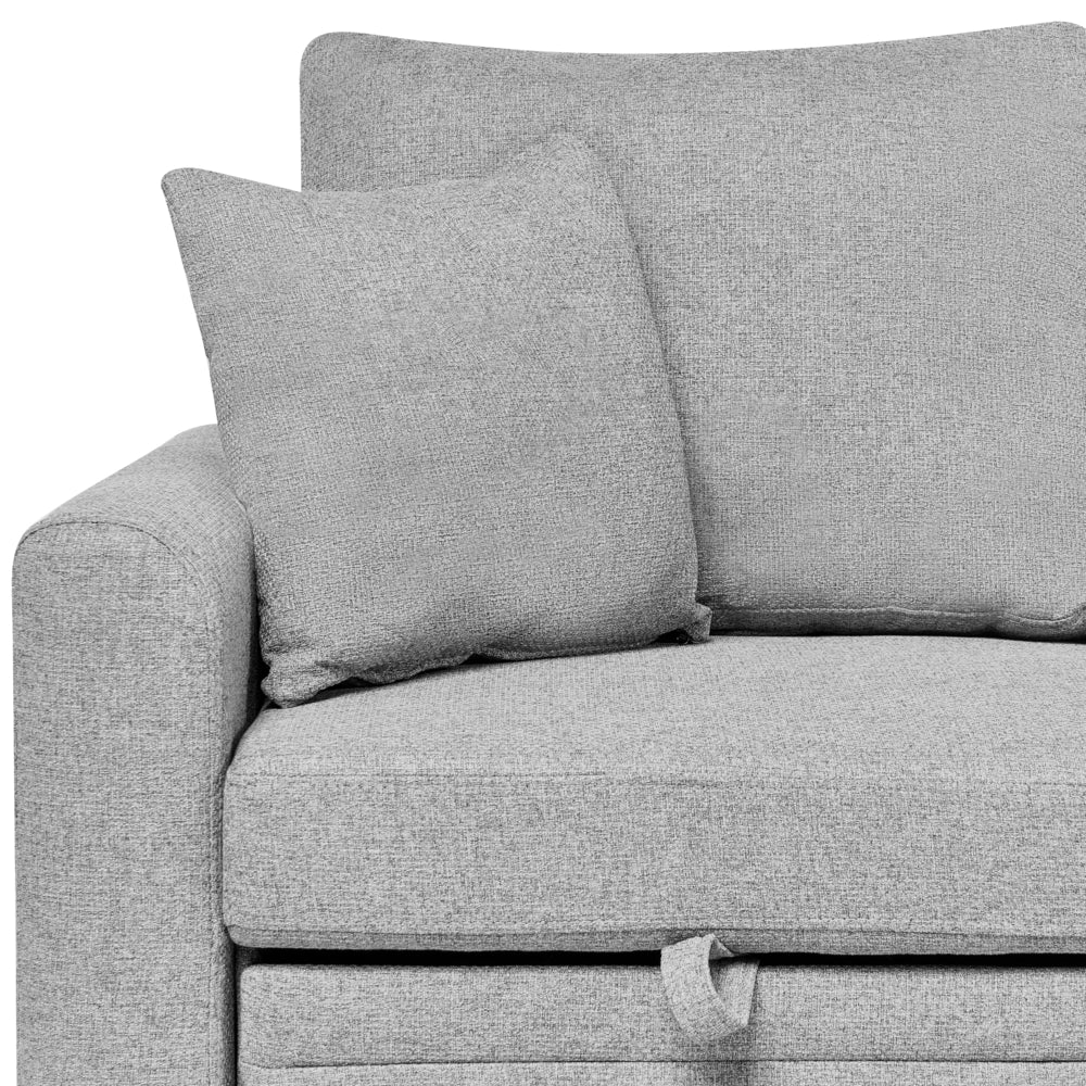 Divano letto angolare con contenitore lato sinistro grigio rivestimento in poliestere effetto lino contenitore cuscini design moderno