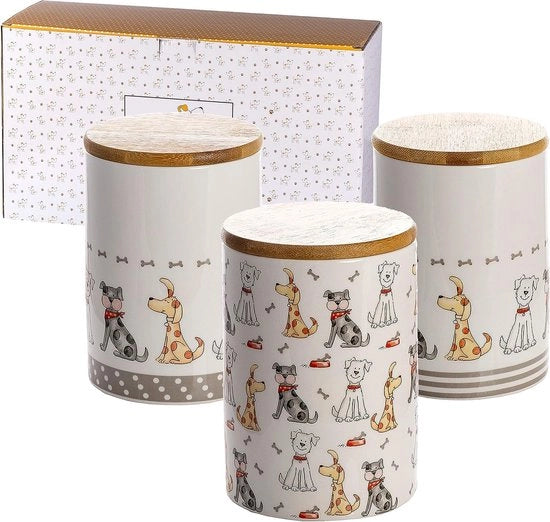 Vas ceramiche con coperchio in legno - tema cani - vasche per cani per appassionati e proprietari di cani - decorazione cucina eccezionale - grande - 1,2 l - set da 3