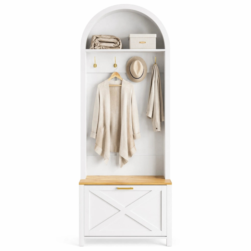 Appendiabiti da ingresso multifunzione con scarpiera; ripiano e ganci; 195 x 75 x 35 cm; MDF bianco e legno