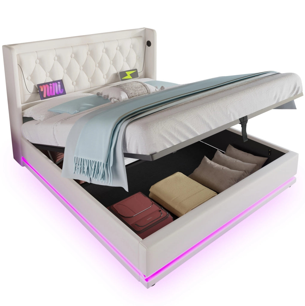 Letto contenitore 180x200 cm in PU bianco con LED e USB Tipo-C