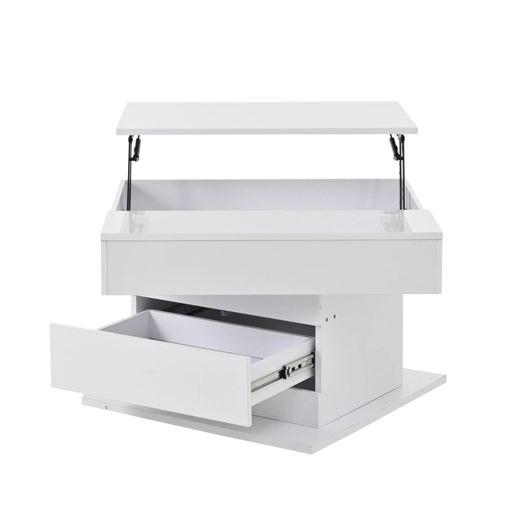 Tavolino da caffè 70x70x45 cm; piano ribaltabile e girevole 360°; pannello truciolare bianco