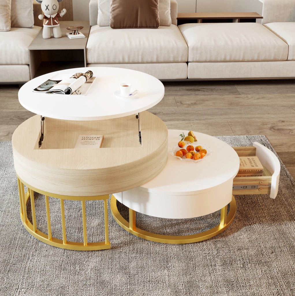 Set di 2 tavolini rotondi con piano sollevabile e cassetto in MDF bianco e oro