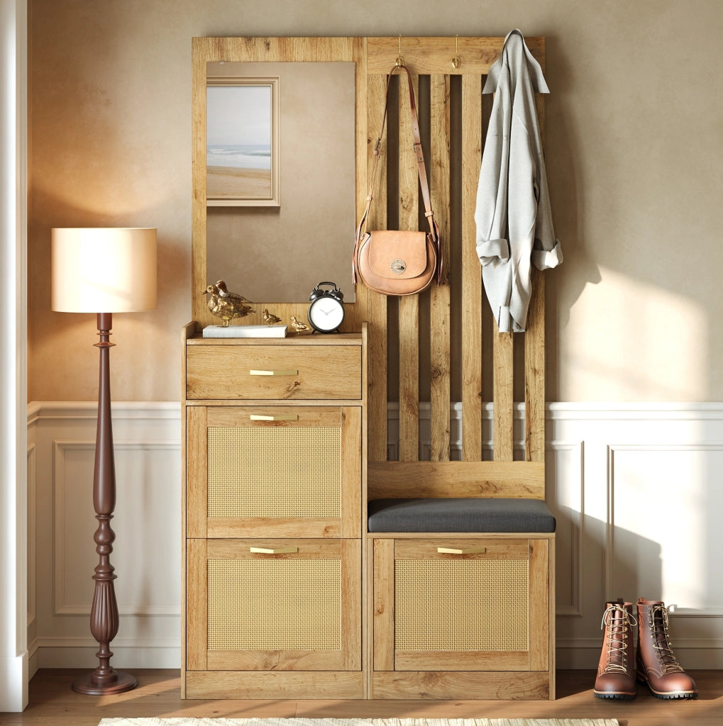 Garderoba da ingresso 99.5x26x180 cm con specchio; pannelli portascarpe ribaltabili e panca imbottita; MDF; naturale