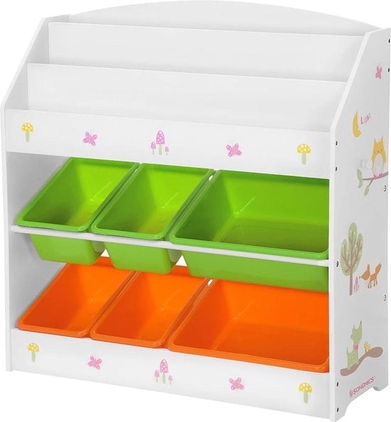 Cassettiera per bambini, 3 piani con scaffale per libri e 6 contenitori rimovibili per camera da bambini, scuola materna, multicolore, bianco