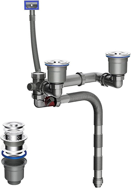 Sifon per bidet e lavandino doppio, diametro 110 mm, impianto di scarico, set di tubi, impermeabile e dispositivo di allarme allagamento, tubo regolabile. Adatto per tubi di scarico Φ 40/50 mm.