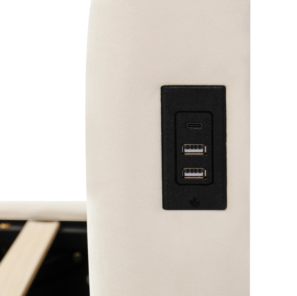 Letto singolo 90x200 cm in velluto beige con contenitore idraulico; rete inclusa e presa USB