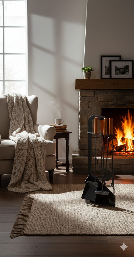 Trespolo per Attrezzi Camino Sagoma Sciatore con Paletta Scopino Attizzino e Pinza 15,6x23,5x65 cm in Ferro e Legno