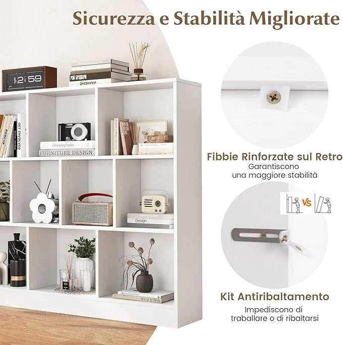Libreria a 10 Cubi, Organizzatore di Stoccaggio a 3 Ripiani con 2 Kit Anti-Ribaltamento, Scaffale Multiuso in Legno per Soggiorno Camera da Letto Ufficio, 120x24x104 cm (Bianco)