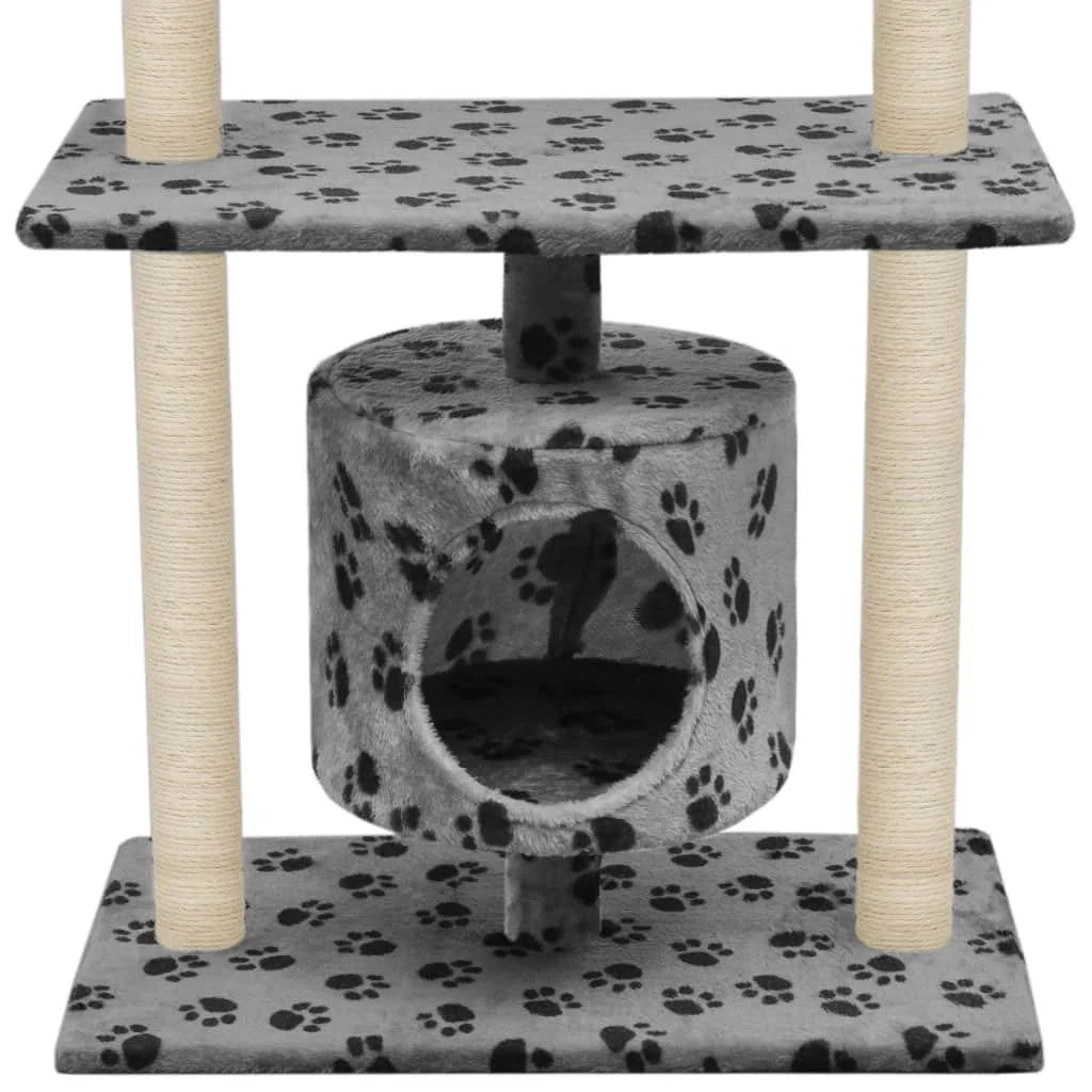 Tiragraffi albero per gatti cuccia per gatti peluche in sisal 95 cm grigio con motivo a impronta di zampa 3702235