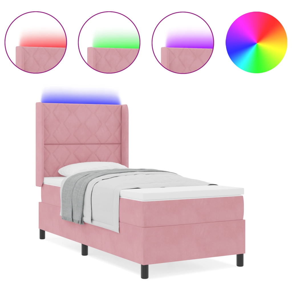 Letto Box Spring  con Materasso e LED Rosa 90x200 cm Velluto