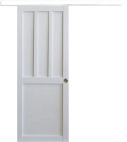Porta scorrevole Officina 2 pannelli bianchi, larghezza 73 + rotaia a fascia bianca + 2 gusci installati