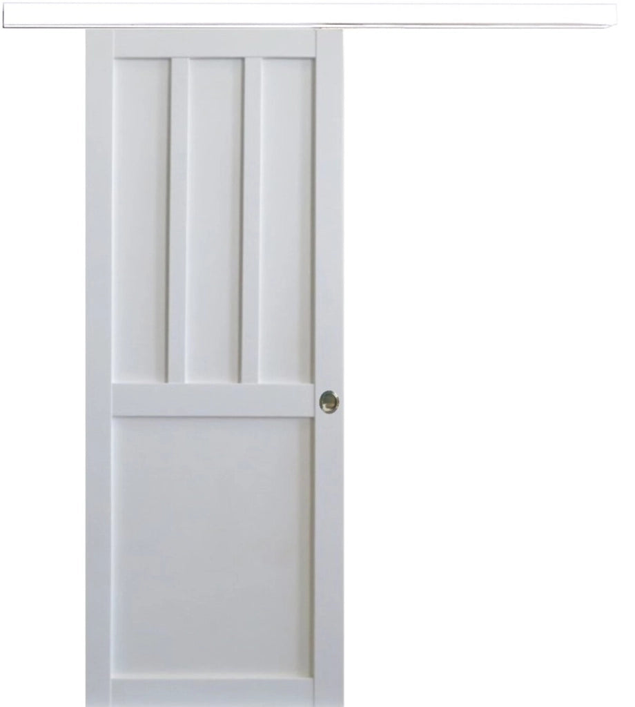 Porta scorrevole Officina 2 pannelli bianchi, larghezza 73 + rotaia a fascia bianca + 2 gusci installati
