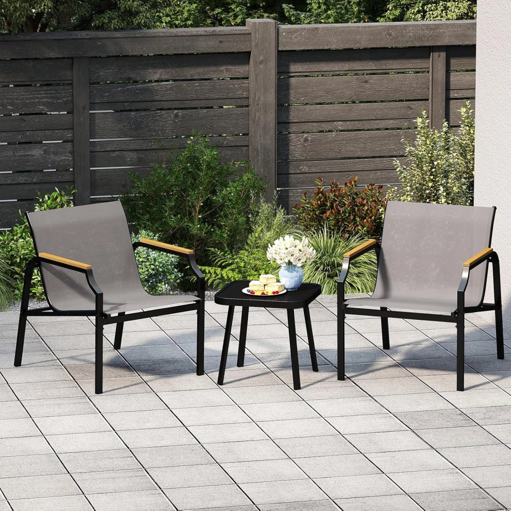 Set da Giardino a 3 Pezzi, Set Mobile da Esterno con Talaio in Metallo, Poltrona e Tavolino Quadrato, Set da Bistro con 2 Poltrone, per Giardino Cortile Piscina