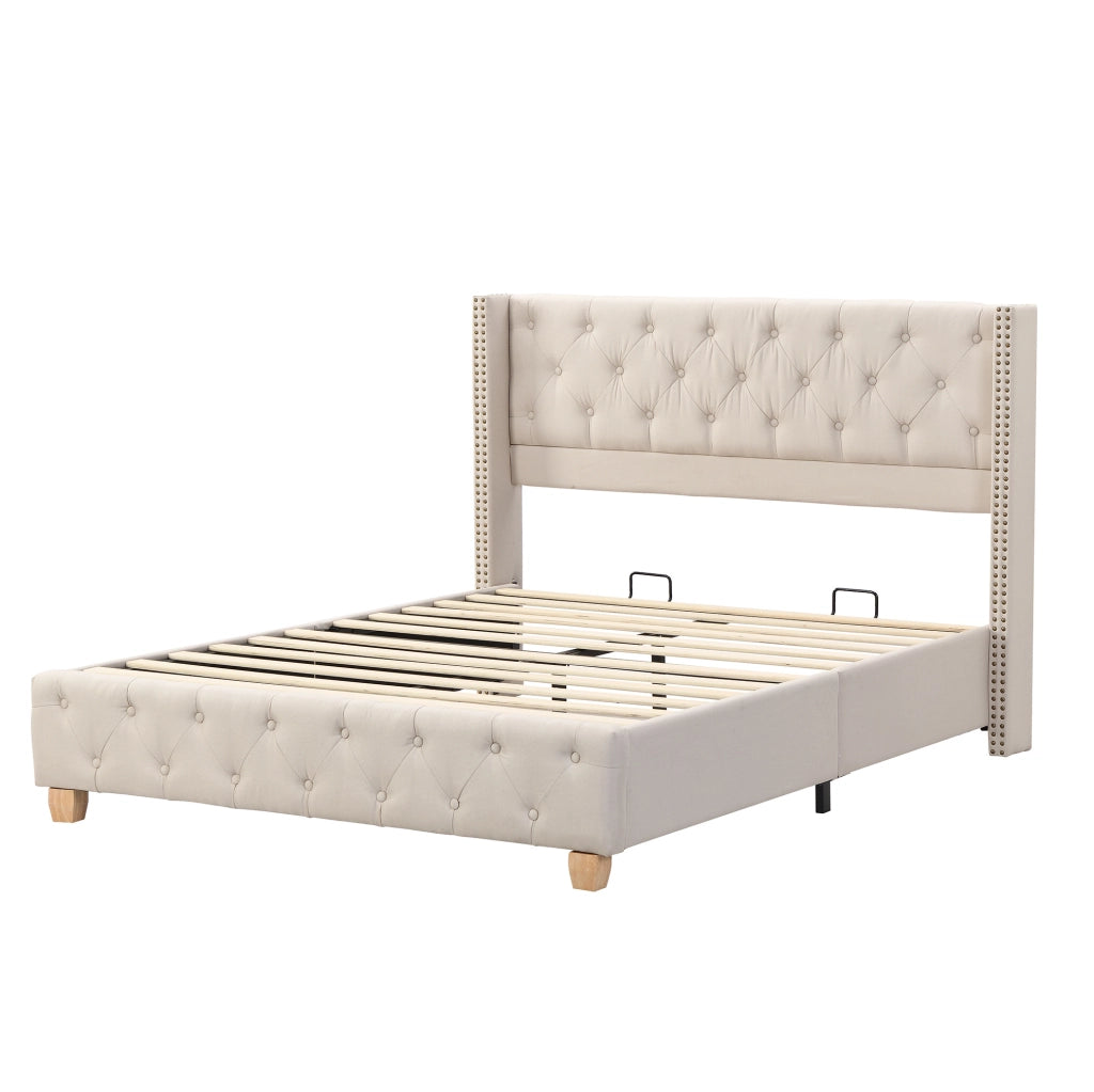 Letto imbottito 140x190 cm capitonn茅 con testiera e pediera in lino beige (Senza materasso)