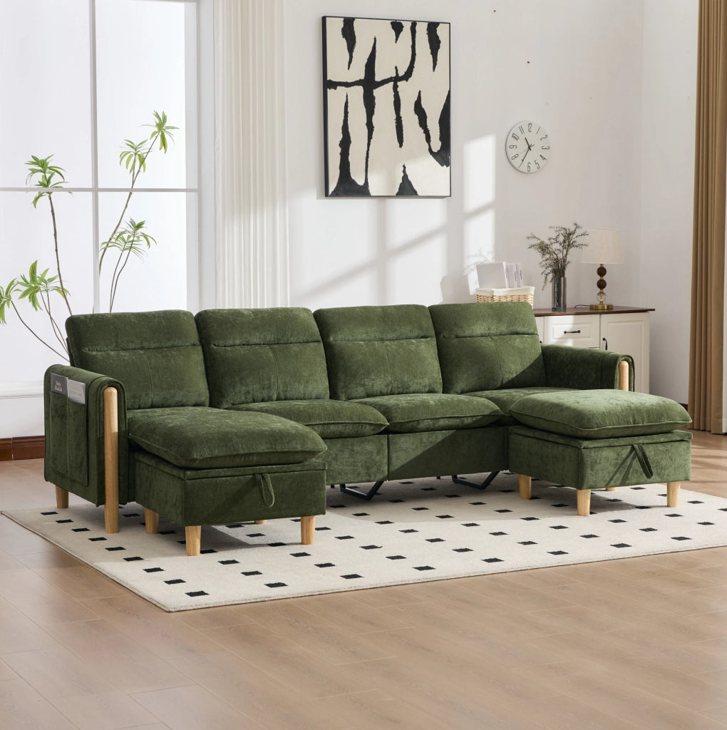 Divano modulare 4 posti con 2 pouf contenitore in ciniglia verde HOMVRA