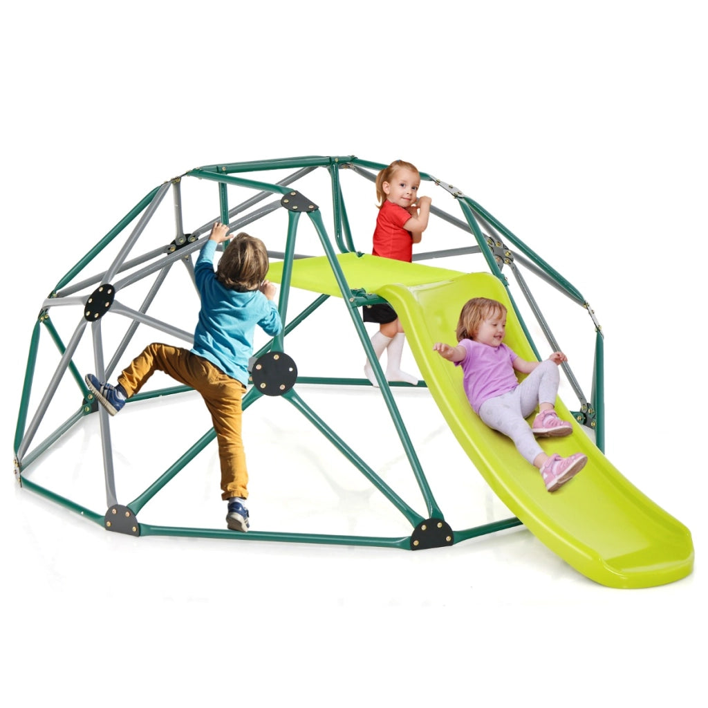 Cupola di arrampicata e set da gioco con scivolo capacit¨¤ di carico di 180KG, Parco giochi per bambini Grigio e verde-Arrampicate e scivoli