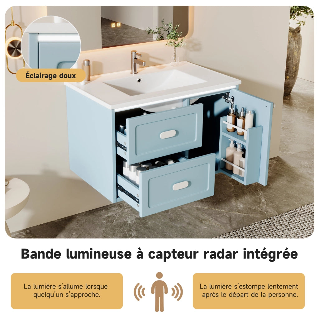 Mobile sottolavabo sospeso con 2 cassetti; illuminazione LED con sensore radar e lavabo in ceramica; per bagno blu