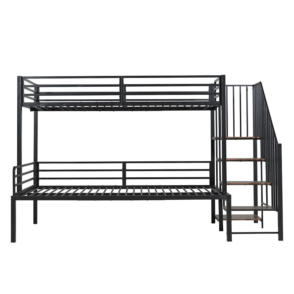 Letto a Castello Ferro – Xylo – 90x200 e 120x200cm, Scala Angolare con Ripostiglio, Nero/Legno Vintage