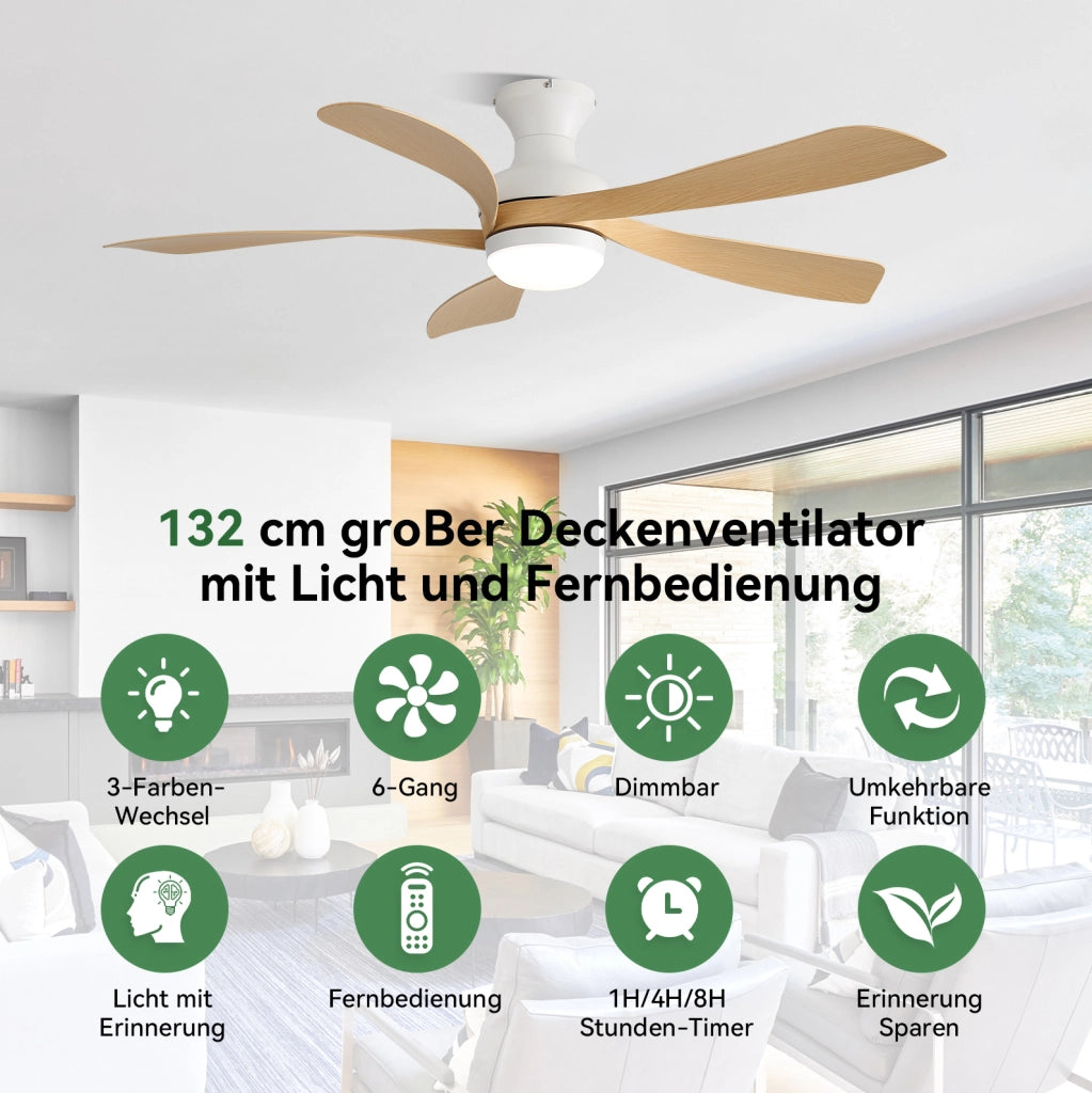 Ventilatore da soffitto con LED dimmerabile; motore DC reversibile e telecomando; bianco