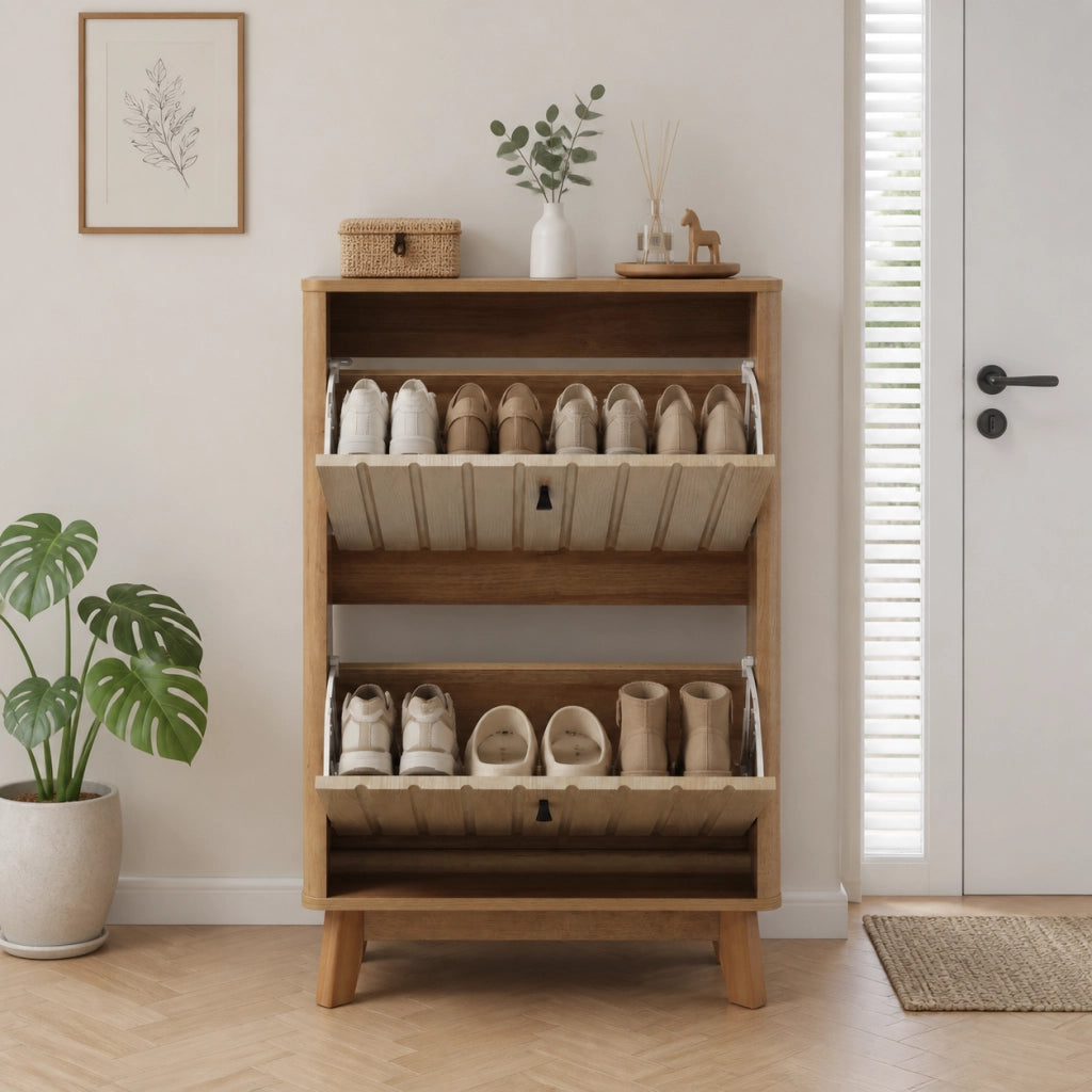 Scarpiera da ingresso in effetto rovere con ante doppie, ripiani regolabili e struttura salvaspazio