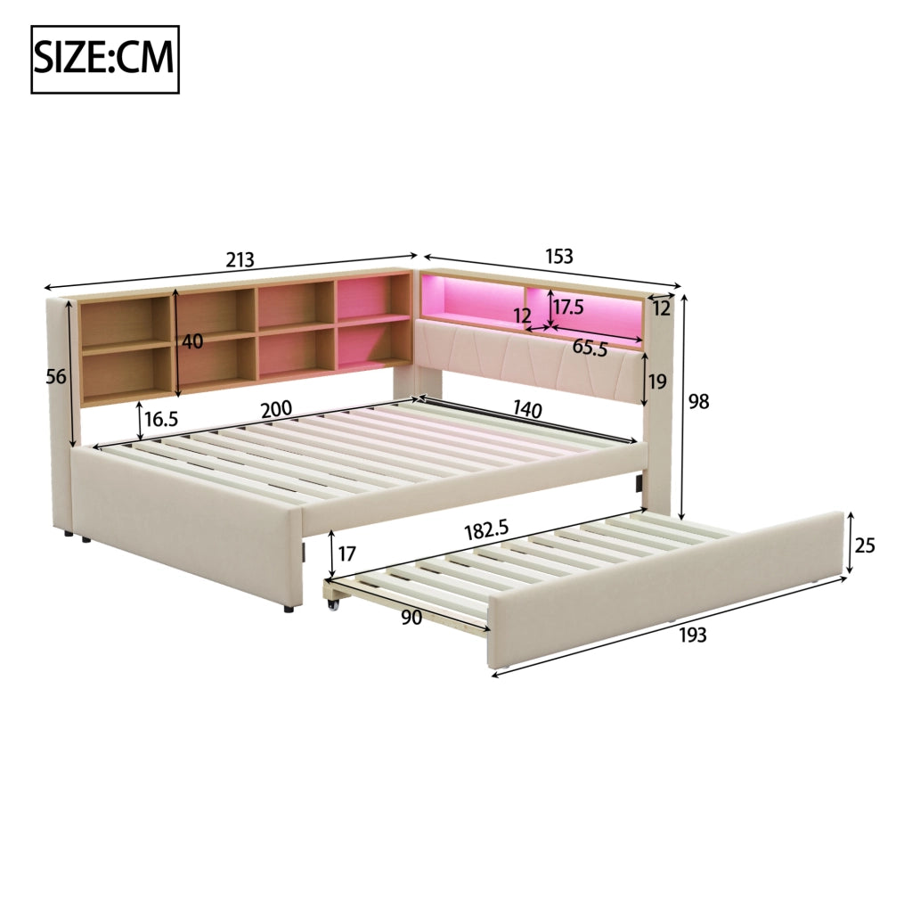 Divano letto multifunzione con letto estraibile, LED, prese integrate e vani portaoggetti