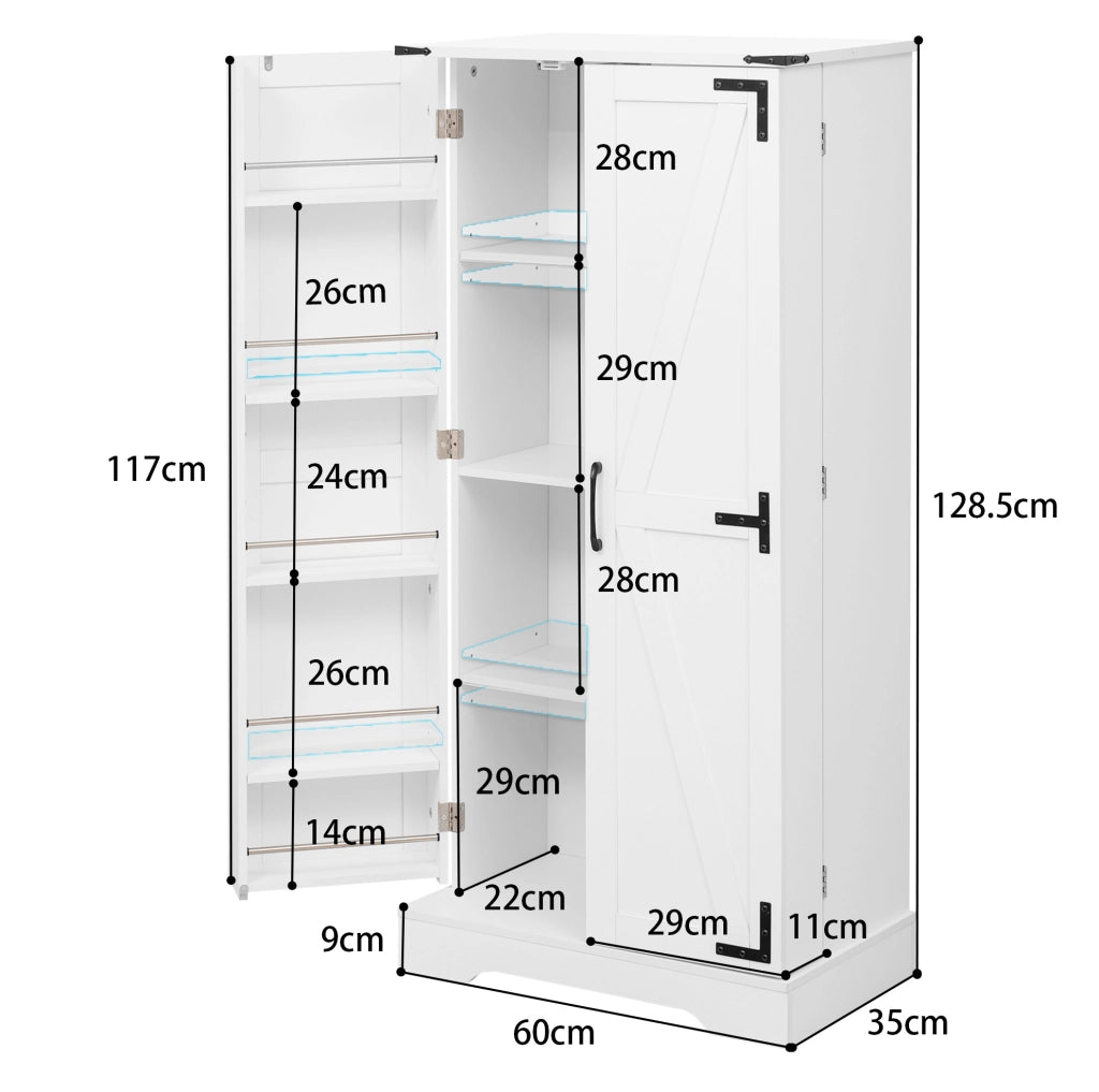 Credenza da cucina in MDF con LED e ripiani regolabili; 60 x 35 x 128;5 cm; bianca