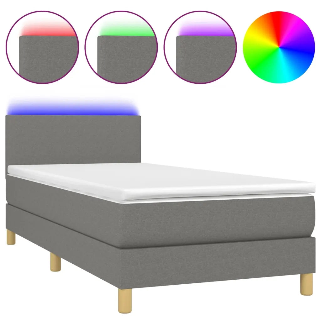 Letto a Molle Materasso e LED Grigio Scuro 100x200cm in Tessuto 3133534