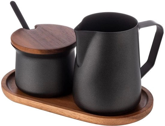 Set di posizionamento latte e zucchero 5 pezzi in legno di acacia acciaio inox PTFE nero
