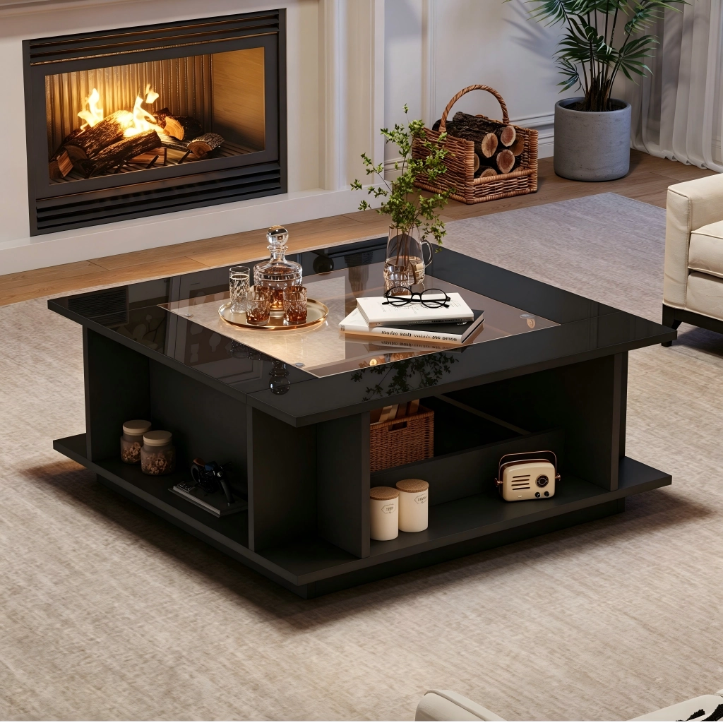 Tavolino da salotto quadrato con vani aperti e spazio laterale; piano in vetro; LED; nero 70 × 70 × 30 cm