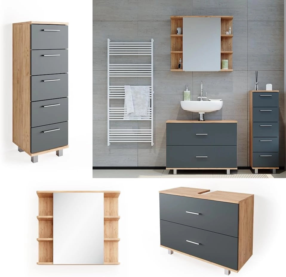 Set mobili bagno Ilias, Antracite/quercia dorata, 80 cm, composto da mobile sottolavabo, specchiera e mobile medio