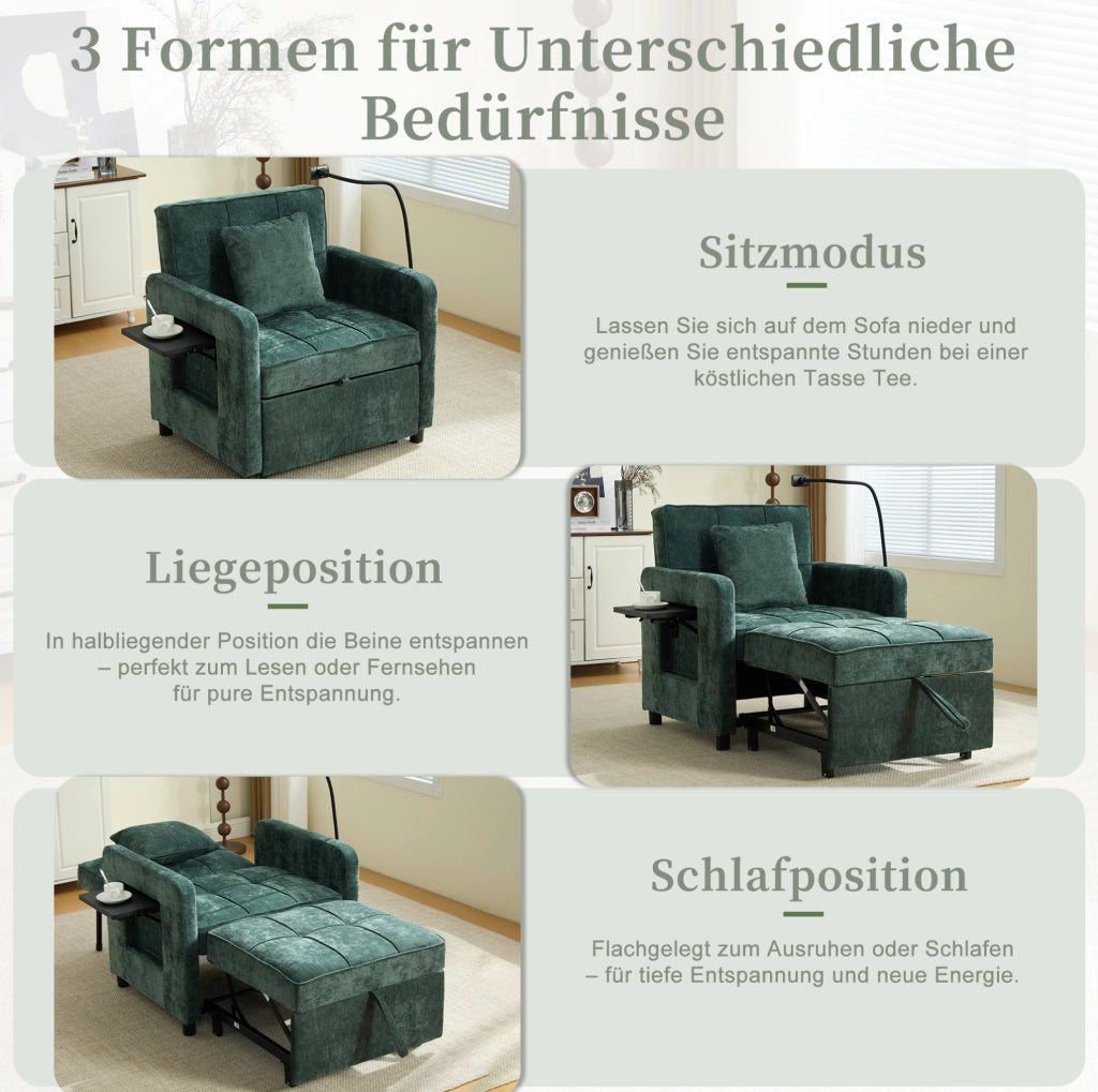 Poltrona letto 2 in 1 in tessuto Chenille verde con tavolino e scomparti portaoggetti