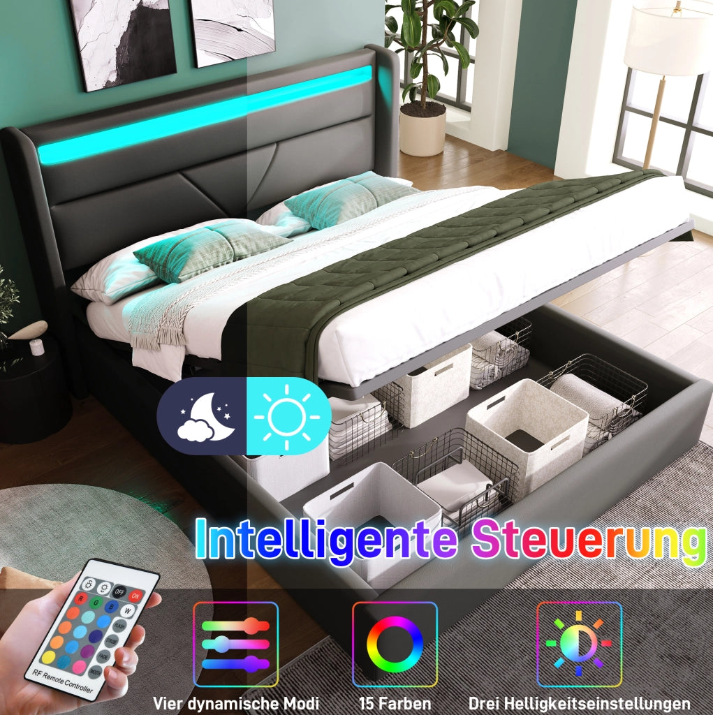 Letto contenitore matrimoniale 160x200 cm con LED; telecomando e rivestimento in PU grigio