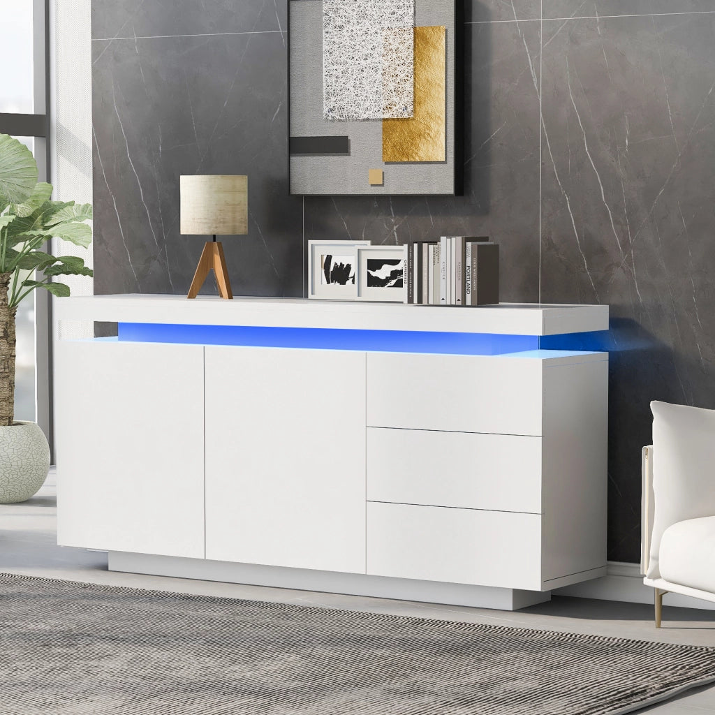 Credenza con 2 ante; 3 cassetti e LED; per soggiorno; 140x35x72.5 cm; bianco