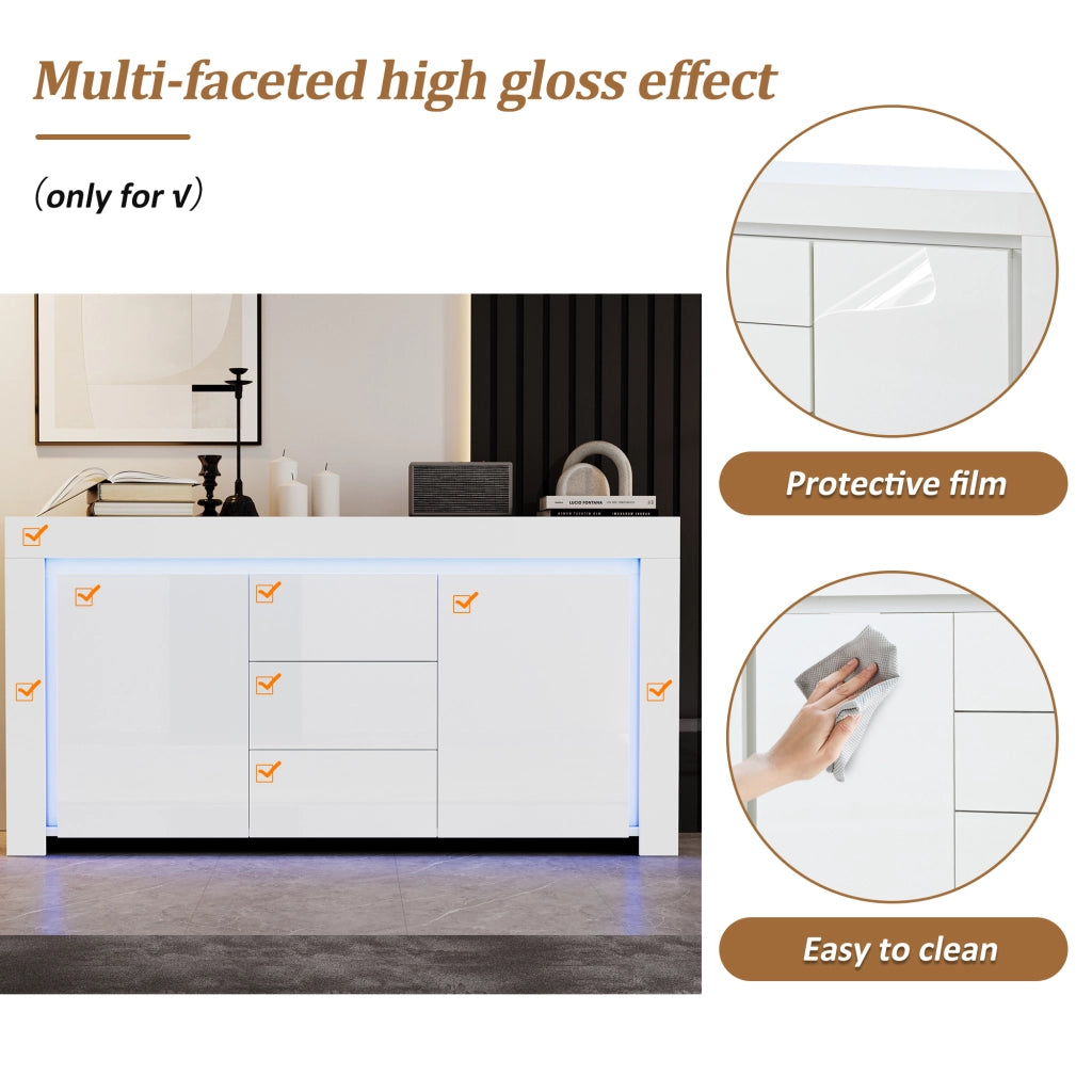 Credenza con 2 ante e 3 cassetti; LED; per soggiorno; in MDF; 140×40×65 cm; bianco
