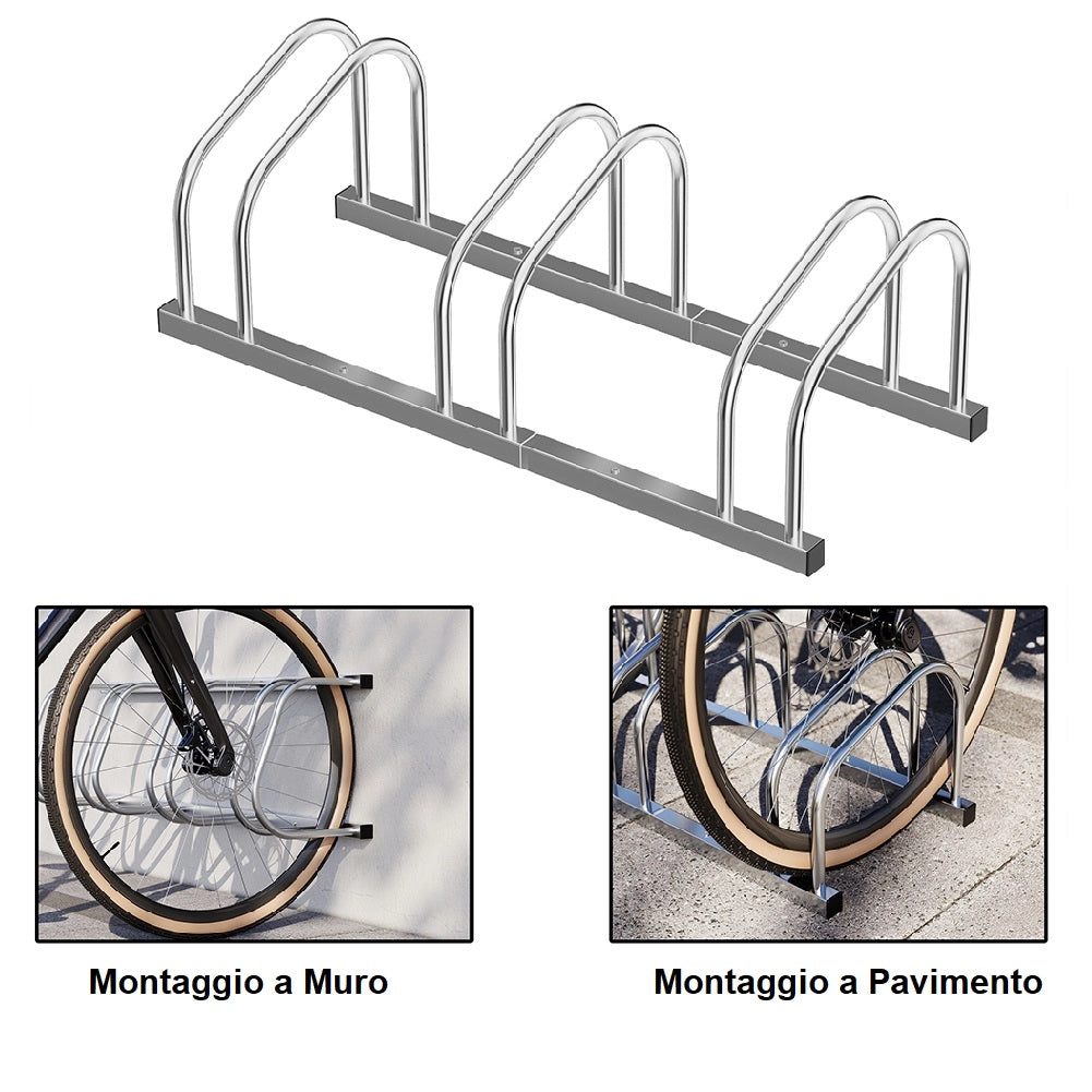 Rastrelliera Parcheggio Bici 3 Posti in Acciaio 33x27x72 cm Silver