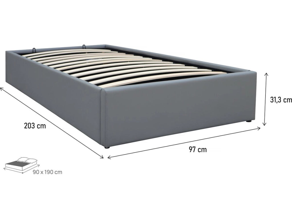 Letto singolo con contenitore in PVC "Ava" - 90 x 190 cm - Grigio