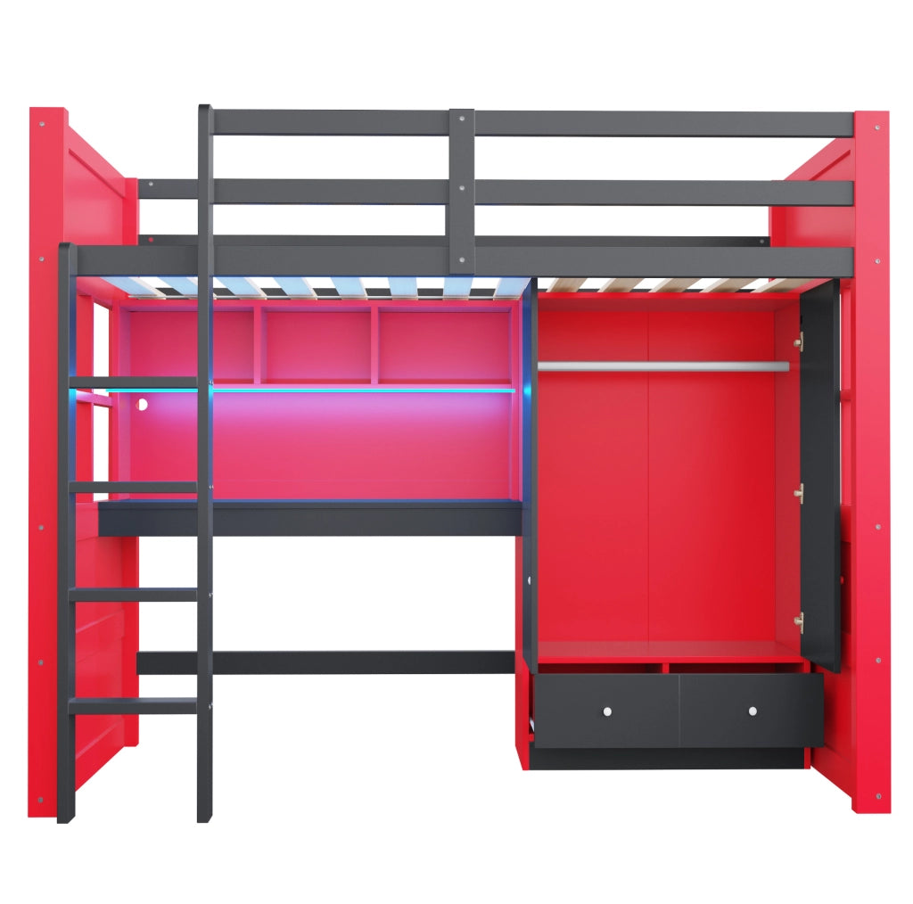 Letto a soppalco ULEVR 90x200 cm nero e rosso con scrivania, armadio, cassetti, LED e prese